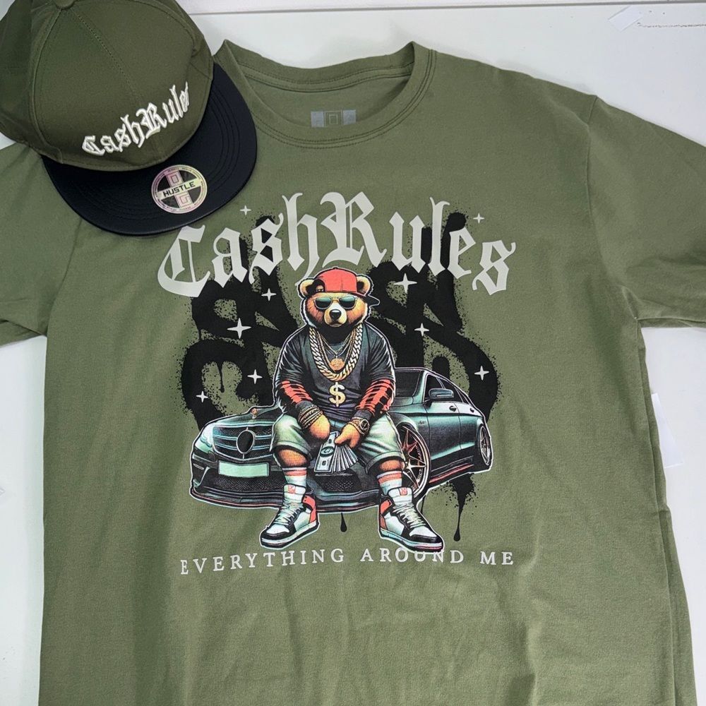 Cash Rules Olive Green Graphic Tee & hat Sz L NWT